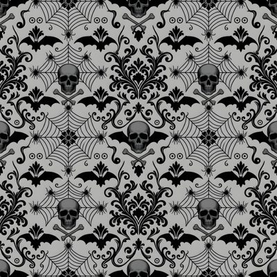 a black and white pattern with skulls Damask Halloween Halloween, dark gray