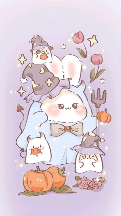 an image of a cartoon character surrounded by pumpkins and other things in the background Anime Kawaii Halloween Halloween Kawaii, Kawaii Halloween, Halloween Kawaii Background, gainsboro