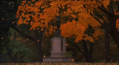 a statue surrounded by trees with orange leaves Aesthetic Halloween Gif Falling Gif, Anim Gif, Fall Anime, Gif Background, Halloween Gif, 8bit Art, black