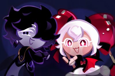two cartoon characters standing next to each other in front of a black background with red and white balloons Crk Halloween Bat Cat Crk, Dark Sugar Cookie Crk, Batcat Crk, black