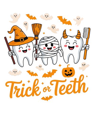 three cartoon toothbrushes with halloween characters on them and the words trick or teeth Dental Halloween Desktop Halloween, white