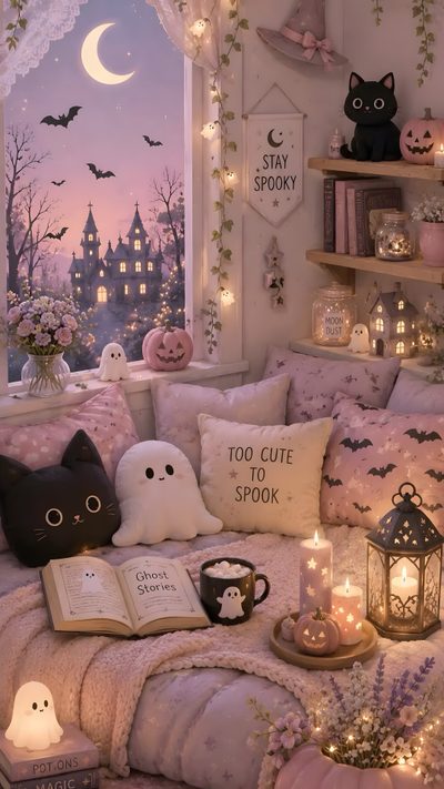 a room filled with lots of pillows and stuffed animals Halloween Room Cutesy Halloween Aesthetic, Girly Spooky, Cutecore Halloween, Cute Halloween Aesthetic, gray