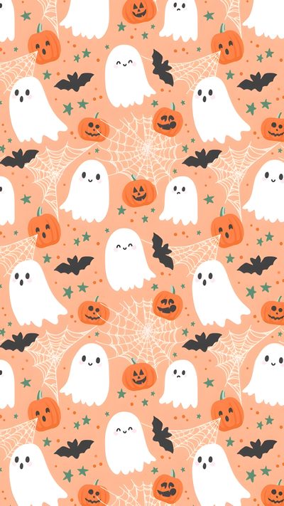 an orange background with white ghost and pumpkins Background Cute Halloween Autumn Phone, Iphone Preppy, Pumpkin, Image Halloween, burlywood
