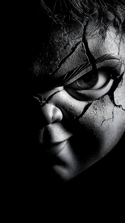 a black and white photo of a child's face with cracked paint on it Halloween Iphone Chucky Horror Photos, Rib Tattoos For Guys, Chucky Doll, Creepy Pictures, black
