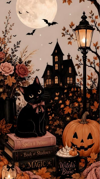 a black cat sitting on top of books next to a lamp post and pumpkins Black Cat Halloween Halloween Theme Background, Cute Halloween For Phone, Aesthetic Halloween, saddle brown