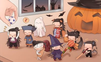 a group of cartoon characters standing in front of a halloween themed room with pumpkins and jack - o'- lanterns Jujustu Kaisen Halloween 1920x1080 Jujutsu, Dibujos Bonitos, dark salmon