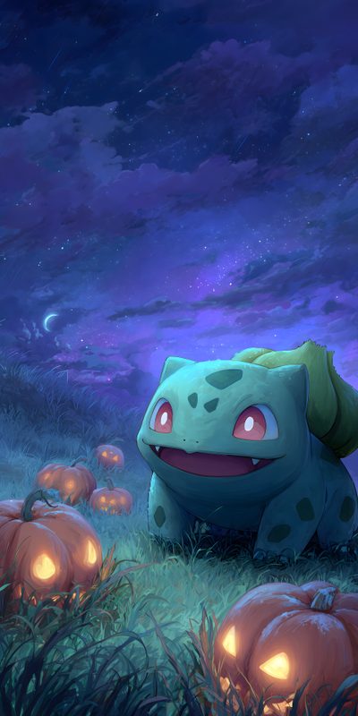a green frog sitting on top of a lush green field next to lots of pumpkins Halloween Bulbasaur Iphone Stills, Pokemon Bulbasaur, Halloween Pokémon, Scene, Cool Pokemon, dark slate blue