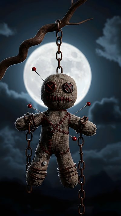 a creepy looking teddy bear hanging from a chain in front of a moon filled sky Halloween Voodoo Doll Horror Objects, Voodoo Bear, Spooky Voodoo, Voodoo, dark slate gray