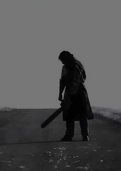black and white photograph of a person holding a baseball bat in the middle of an empty road Texas Chainsaw Man Movie Halloween Leatherface Background, Texas Chainsaw Aesthetic, Leatherface, dim gray