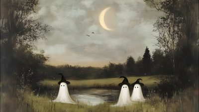 two ghost like figures are standing in front of a pond with the moon behind them Vintage Halloween Desktop Tv Screensaver Aesthetic, Dark Cottagecore Laptop, Laptop Aesthetic Vintage, dark olive green