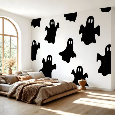 a bedroom decorated in black and white with lots of ghost silhouettes on the wall Halloween Ghost For Bedroom Contact Paper Wall, Halloween Bedroom, Paper Wall Decor, Accent, light gray