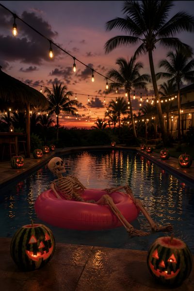 a skeleton sitting on an inflatable raft next to some pumpkins Halloween Summerween Summer Halloween Background, Summerween Pictures, Summerween Iphone, Summerween, black