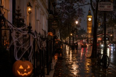 a city street at night with halloween decorations Halloween City Hd Halloween Party Diy, Uk Destinations, Halloween Cookies, Halloween Art, Cozy Corner, black