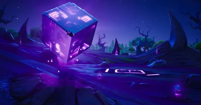 a purple cube floating in the air with trees and rocks around it at night time Halloween Fortnite Fortnite Cube, Fortnite Perfect Shadow, Fortnite Rift Background, midnight blue
