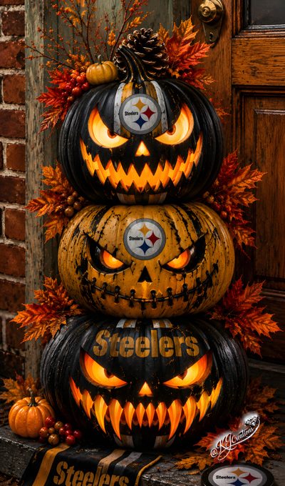 three pumpkins stacked on top of each other in front of a door with the pittsburgh football logo painted on them Nfl Halloween Pittsburgh Steelers, maroon