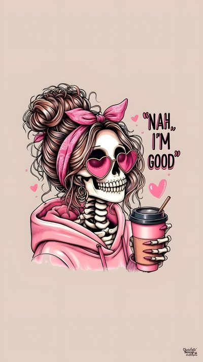 a skeleton holding a coffee cup with the words nah i'm good on it Cute Halloween Skull Cute Skeletons, Cute Skeleton, Spooky Girly, Skull Girly, Cute Skull, light gray
