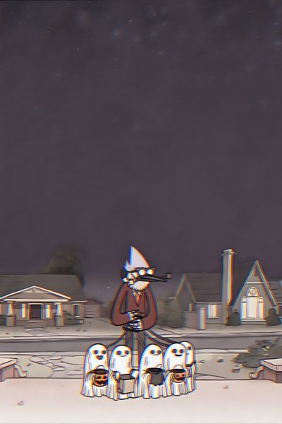 an animated image of a person sitting on a bench in the middle of a neighborhood at night Regular Show Halloween Regular Show Halloween Pfp, Regular Show Halloween Episodes, Regular Show Halloween, dark slate gray