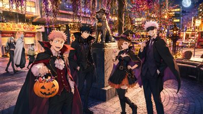 three people dressed up in halloween costumes standing next to each other on a brick walkway Jujustu Kaisen Halloween 1920x1080 Jujutsu, dark olive green