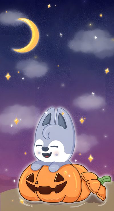 an animal sitting on top of a pumpkin in front of a night sky with stars Straykids Halloween Halloween Skzoo, Stray Kids Thanksgiving, Christmas Skzoo, Skzoo Winter, dim gray