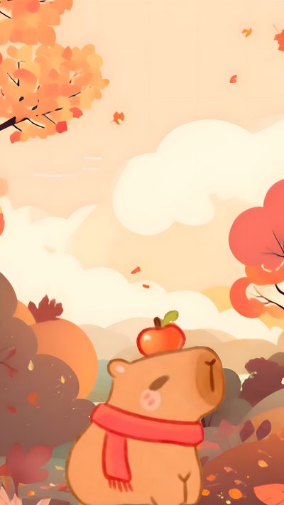 a cartoon bear with an apple on its head sitting in the fall leaves and trees Cute Capybara Halloween Capybara Thanksgiving, Cute Capybara Halloween, Autumn Capybara, peach puff
