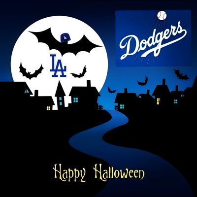 a happy halloween night with dodgers and bats Dodgers Halloween Dodgers Christmas, Dodgers Happy Birthday, La Dodgers Pumpkin, Dodgers Halloween, black