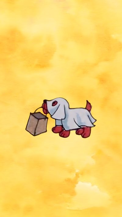 a drawing of a dog with a shopping bag in it's mouth flying through the air Clifford Halloween Cartoon Dog Holding A Box, Childrens Book Illustration Ideas, Cute Cartoon Dog Illustration, khaki