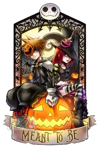 two cartoon characters dressed as witches sitting on top of a jack - o'- lantern Kingdom Hearts Halloween Kingdom Hearts Nightmare Before Christmas, Kingdom Hearts Sora Nightmare Before Christmas, Sora Kingdom Hearts Halloween, burlywood