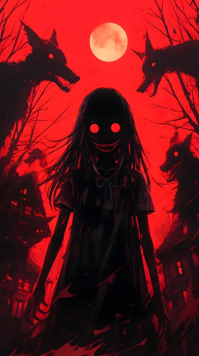 a creepy girl standing in front of a red sky with the moon shining behind her Halloween Scary Cute Girl Very Scary, Goth Art, Nghệ Thuật Kinh Dị, Anime, Anime Halloween, Cat, black