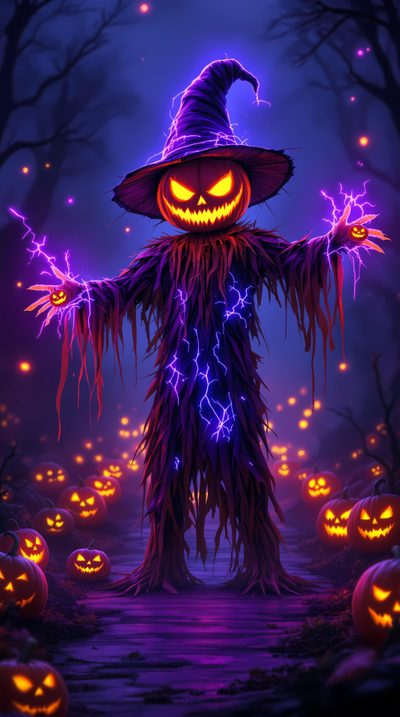 a scary scarecrow in a witches costume with her arms out and glowing pumpkins all around Zedge Halloween Halloween Image, Halloween Backgrounds Scary, Halloween Android, Cool Halloween, midnight blue