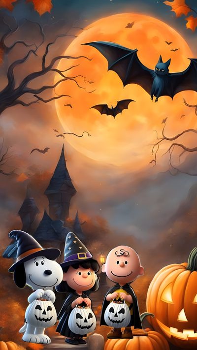 peanuts and their friends in front of a pumpkin - filled field with bats, jack o lantern Happy Halloween Snoopy Halloween Happy Halloween Pictures, Halloween Eve, Peanuts Halloween, sienna