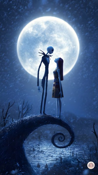 two people are standing on a tree branch in front of a full moon and the sky Halloween Jack And Sally Nightmare Before Christmas, The Nightmare Before Christmas, Nightmare Before Christmas Phone, dark slate blue