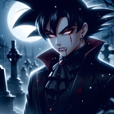 an anime character with blood on his face and black hair, standing in front of a cemetery Halloween Goku Ghost Goku, Goku Leaving, Goku Halloween Outfit, Vampire Vegeta, Goku Vampire, midnight blue