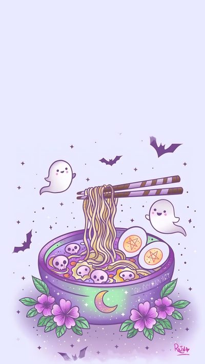a bowl filled with noodles and chopsticks on top of a purple tablecloth Halloween Pastel Scary Pastel Goth Widgets, Spooky Cute, Goth Kawaii Art, Halloween Cute, lavender