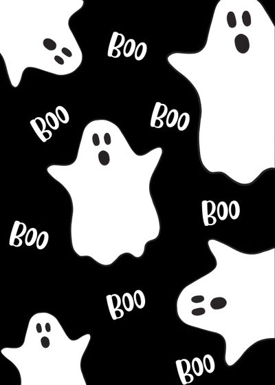 black and white halloween ghost pattern with boos Ios 16 Aesthetic Halloween Diy Halloween Card Design, Black And White Spooky Design, Ghosts With Boos On Black Background,