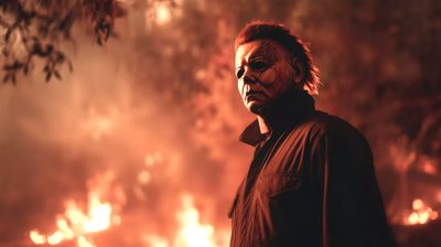 a man standing in front of a forest filled with burning trees and bushes while wearing a creepy mask Michael Myers Halloween Michael Myers Ipad, Michael Myers 4k Pc, Michael Myers Background 4k, sienna