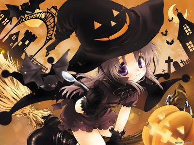 a girl dressed as a witch in front of pumpkins and witches flying around her Anime Halloween Desktop Halloween Profile Pics, Anime Halloween Pc, Anime Witch Halloween, dark olive green