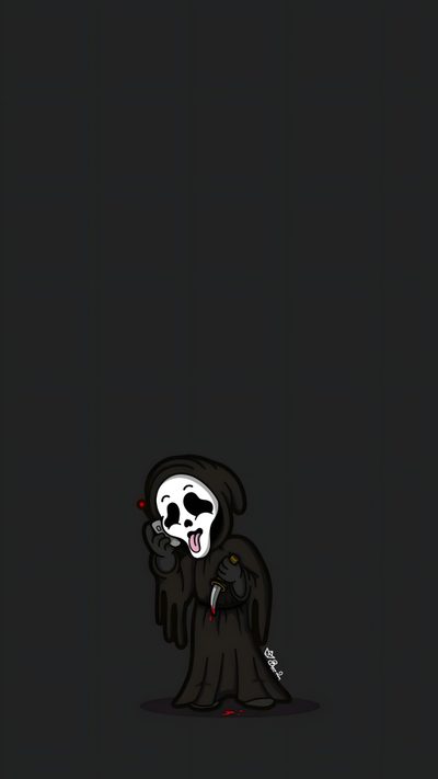 a skeleton with a knife in his hand and a skull on the other side of it Cute Scream Halloween Horror Films, Scream, Cute Horror Movie, Scream Cartoon, Scary Cute, Movie, black