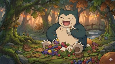 a cartoon cat sitting in the middle of a forest with lots of fruits and vegetables Halloween Snorlax Anime, Pokemon Horizontal, Pokemon Binder, Computer, Laptop, dark olive green