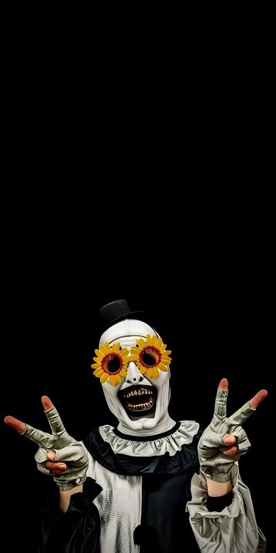 a person dressed as a skeleton with sunflowers on their face and two hands Art The Clown Halloween Mort, Terrified, Halloween Iphone Scary, Terrifier 4k, Art The Clown Background, black