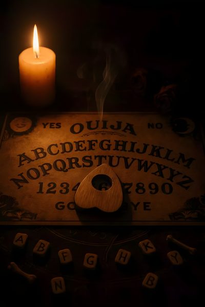 a lit candle sitting on top of an old typewriter next to a wooden key Halloween Ouija Paranormal Ouija Board, Ouija Board Scary, Ouija Board Close-up, Hidden Pictures, black