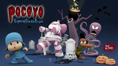 an animated halloween scene with various characters Pocoyo Halloween Pocoyo Fall, Pocoyo Halloween Gif, Pocoyo Halloween Spooky Movies, dark slate gray