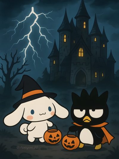 two cartoon animals dressed up as witches and bats in front of a castle at night Sanrio Halloween Pictures Cinnamoroll Halloween Hello Kitty Rooms, Hello Kitty Items, Hello Kitty, dark slate gray