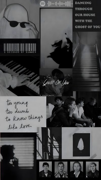black and white collage with images of people, music instruments, and words written on them 5sos Halloween 5sos, Ghost Of You, Bad Boy Aesthetic, Aesthetic Collage, Iphone Cute, dark slate gray