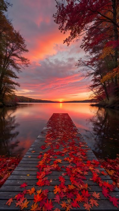 a dock with leaves on it and the sun setting in the distance over water behind it Halloween Sunrise Sunset Fall, Fall Sunrise Photography, Fall Sunset Background, saddle brown