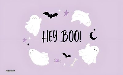 the word hey boo is surrounded by ghost's, bats and stars on a purple background Cute Halloween Hey Boo Cute Halloween Desktop, Cute Halloween Laptop, Happy Halloween Purple Background, thistle