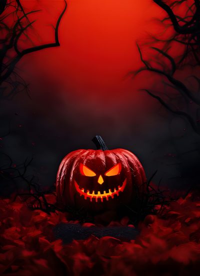 a scary pumpkin sitting in the middle of a forest Red Halloween Scary Halloween Background Images, Halloween Background For Flyer, Red And Black Halloween Background,