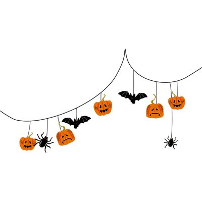 halloween pumpkins hanging from a line with bats Halloween White Background Halloween Clipart, Clip Art, Halloween,