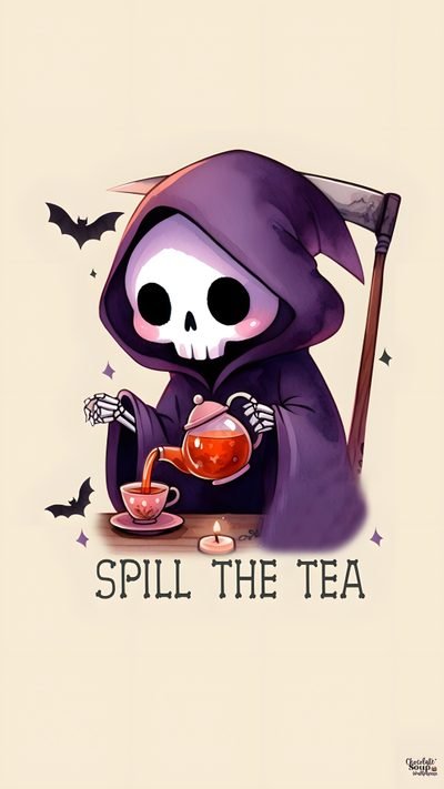 a skeleton in a purple robe holding a tea cup with a scully on it Dnd Halloween Cute Scary, Cute Spooky Phone, Scary Cute, Creepy Cute Halloween, antique white