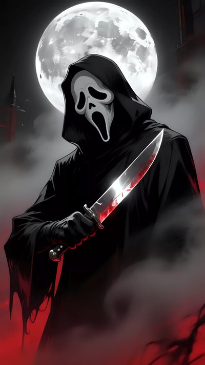 a person in a hooded suit holding a knife with a full moon behind them, Halloween Scary Scream Ghostface 4k, Ghostface Scary Movie, 4k Ghostface, Scary, dark slate gray