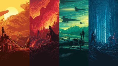 three different color variations of the star wars movie poster, each with an image of various characters Star Wars Halloween Star Wars Art Landscape, Epic Star Wars Posters, Star Wars Poster Set Ideas, dark slate gray